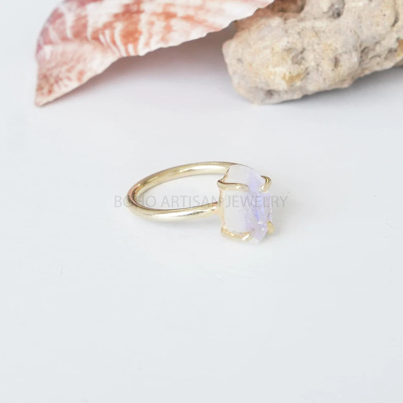 Raw Moonstone Gold Ring, 14K Gold Plated Ring, Handmade Ring, Blue Fire Moonstone, Rough Stone Jewelry, July Birthstone, Gift For Women
