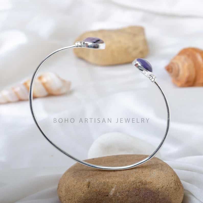 Tiffany Jasper Silver Bracelet, Tiffany Cuff Bangle Bracelet, Handmade Silver Jewelry, Adjustable Bracelet, Purple Gemstone, Gift For Women
