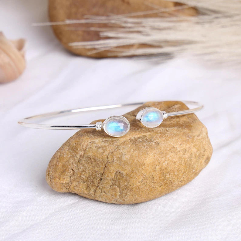 Moonstone Cuff Bracelet, Rainbow Moonstone Bangle Bracelet, Handmade Silver Jewelry, Adjustable Bracelet, June Birthstone, Christmas Gift