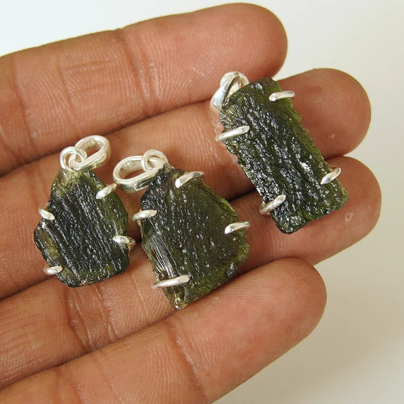 Raw Moldavite Pendant: Sterling Silver Green Gemstone Jewelry