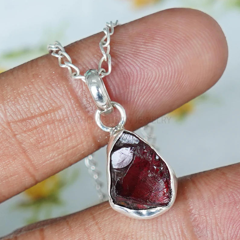 Raw Garnet Pendant Necklace, 925 Sterling Silver, Handmade Crystal Jewelry, Rough Stone, January Birthstone, Healing Necklace, Gift for Her