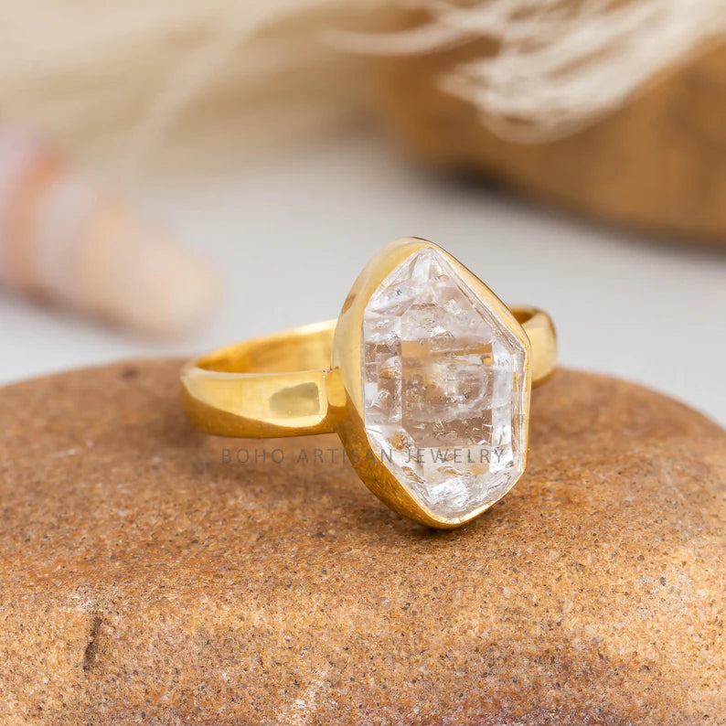 14k Gold Plated Herkimer Diamond Ring – Handmade Crystal Jewelry, April Birthstone Engagement Gift