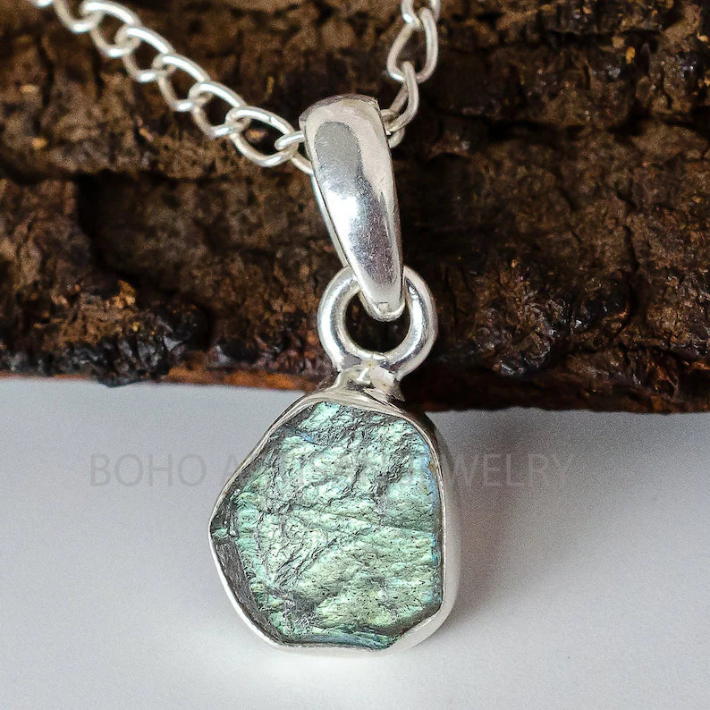 Raw Labradorite Pendant, Solid Sterling Silver Necklace Pendant, Handmade Crystal Jewelry, Healing Crystal, Raw Gemstone Jewelry, Gift
