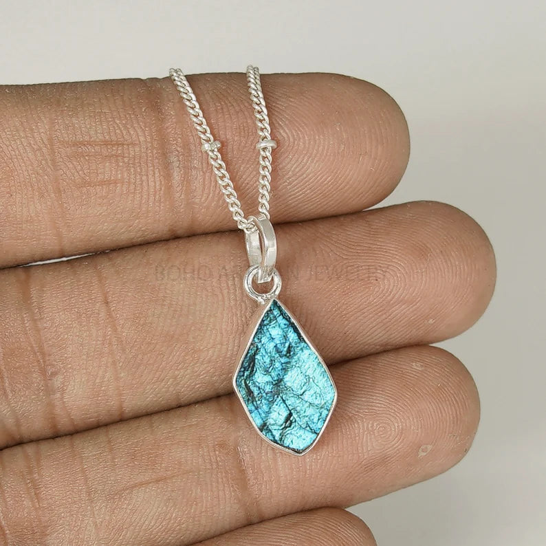 Raw Labradorite Pendant, Blue Labradorite Necklace, Raw Gemstone Jewelry, Handmade, Valentine's Day Gift, Healing Crystal, Gift For Her