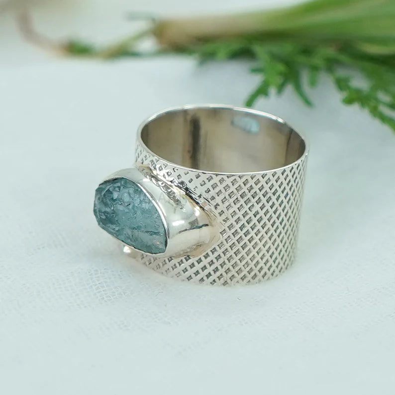 Raw Aquamarine Ring: Hammered Sterling Silver Textured Band