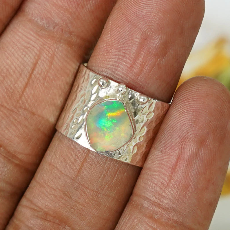 Raw Ethiopian Opal Ring: Sterling Silver Stacking Band, Boho Jewelry