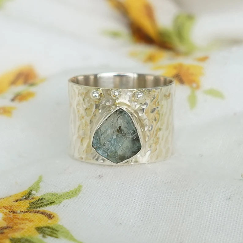 Raw Aquamarine Ring: Hammered Sterling Silver Textured Band