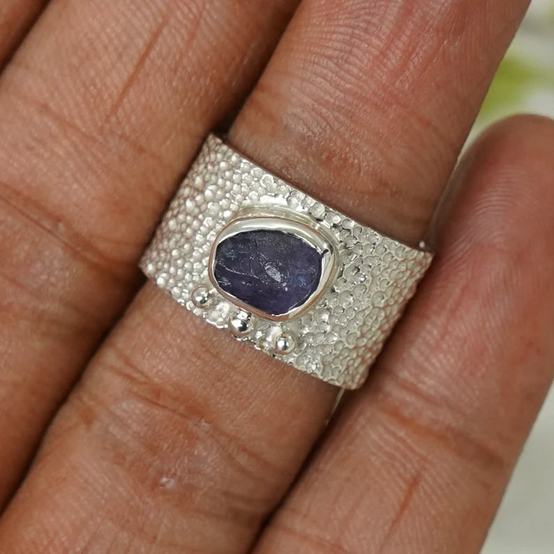 Handmade Raw Tanzanite Sterling Silver Textured Band Ring