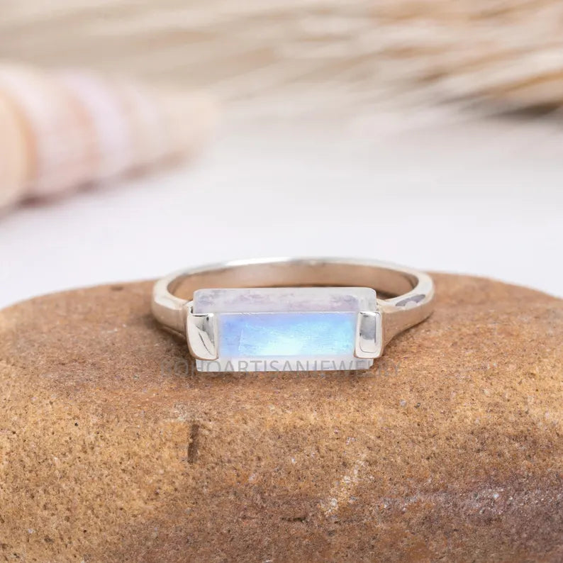 Rainbow Moonstone Bar Ring, Thin Bar Ring, Sterling Silver Ring, Stackable Jewelry, Dainty Bar Ring, June Birthstone Jewelry, Gift for her