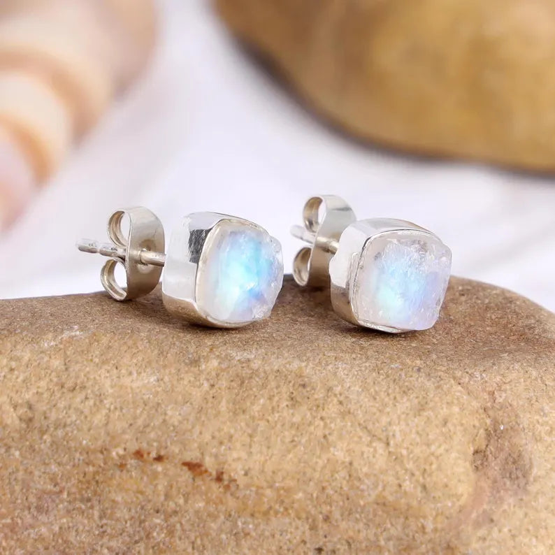 Raw Moonstone Stud Earrings: Handmade Sterling Silver Jewelry