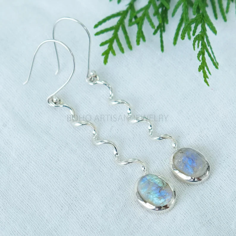 Raw Moonstone Dangle Earrings: Twisted Sterling Silver, July Birthstone