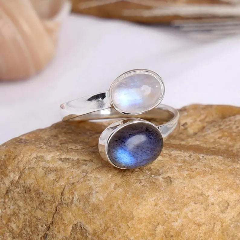 Toi et Moi Ring: Moonstone & Labradorite Sterling Silver Two Stone Ring