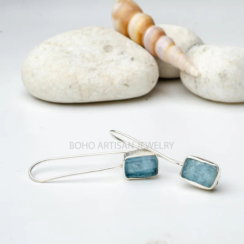 Raw Aquamarine Dangle Earrings: Sterling Silver Handmade Jewelry