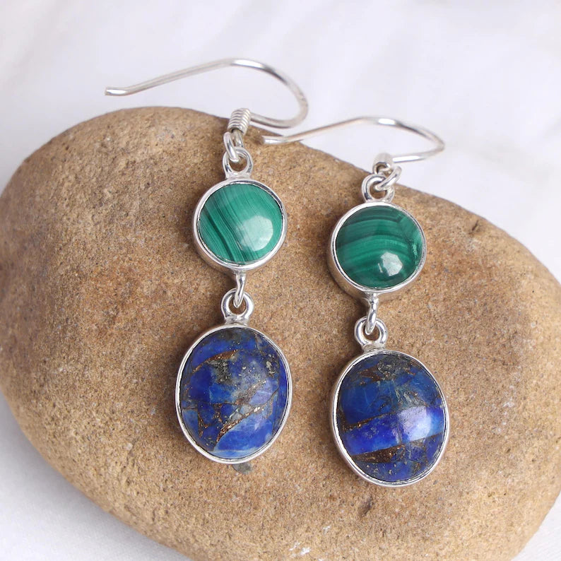 Malachite Lapis Lazuli Earrings: Handmade Sterling Silver Dangle Jewelry