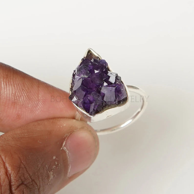 Raw Amethyst Geode Ring: Sterling Silver 925, Handmade Boho Jewelry