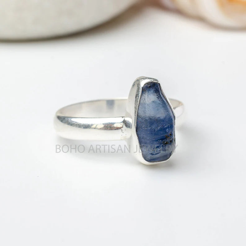 Raw Sapphire Sterling Silver Ring: Natural Crystal, September Birthstone