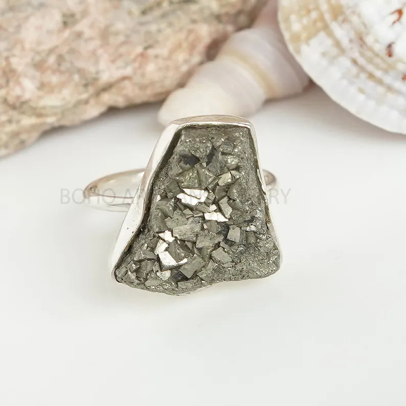 Raw Pyrite Druzy Ring: Sterling Silver Rough Stone Statement Jewelry