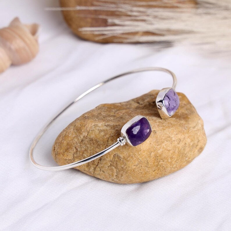 Purple Jasper Sterling Silver Cuff Bracelet - Adjustable Bangle