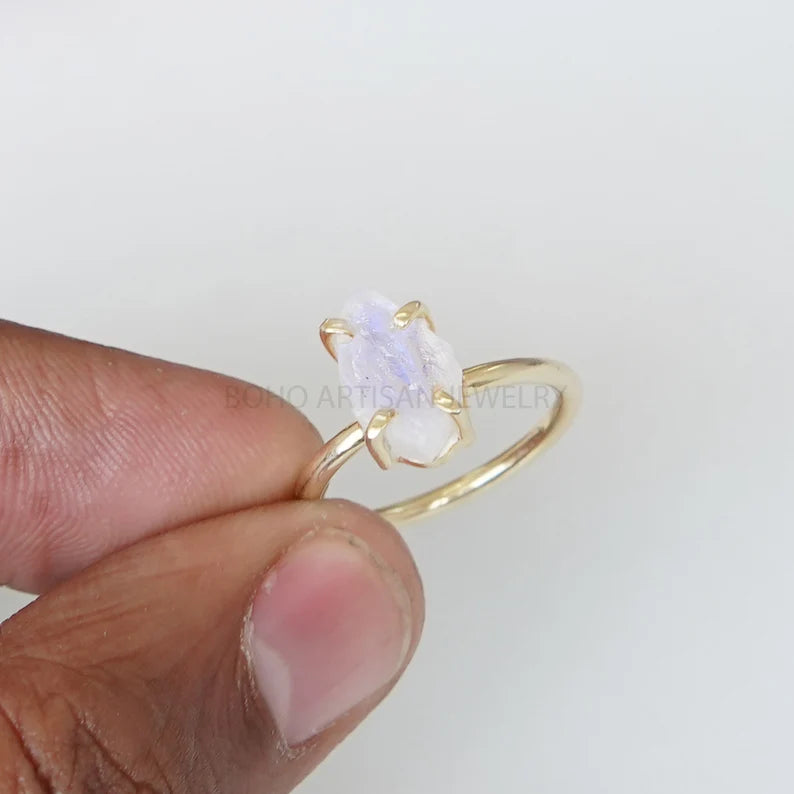 Raw Moonstone Gold Ring, 14K Gold Plated Ring, Handmade Ring, Blue Fire Moonstone, Rough Stone Jewelry, July Birthstone, Gift For Women