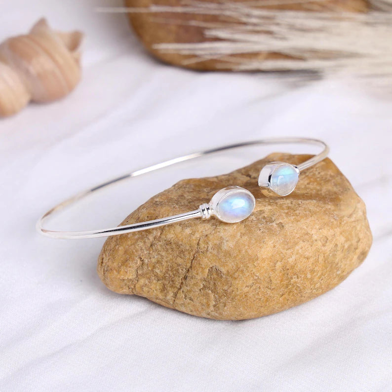 Moonstone Cuff Bracelet, Rainbow Moonstone Bangle Bracelet, Handmade Silver Jewelry, Adjustable Bracelet, June Birthstone, Christmas Gift