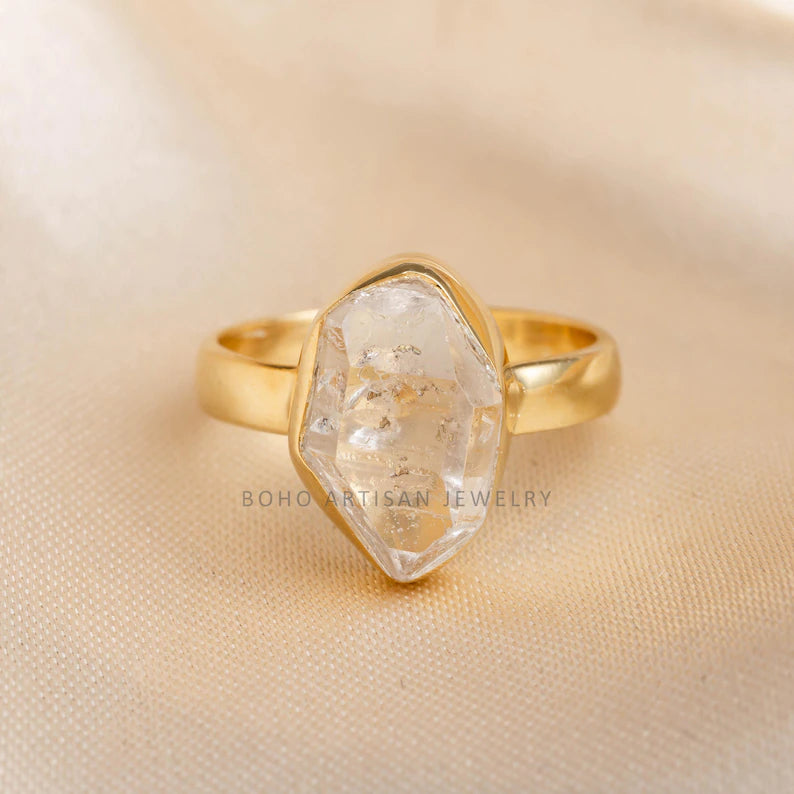 14k Gold Plated Herkimer Diamond Ring – Handmade Crystal Jewelry, April Birthstone Engagement Gift