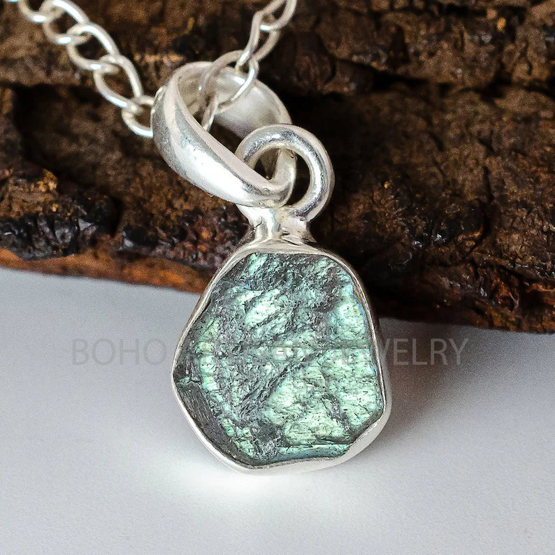 Raw Labradorite Pendant, Solid Sterling Silver Necklace Pendant, Handmade Crystal Jewelry, Healing Crystal, Raw Gemstone Jewelry, Gift