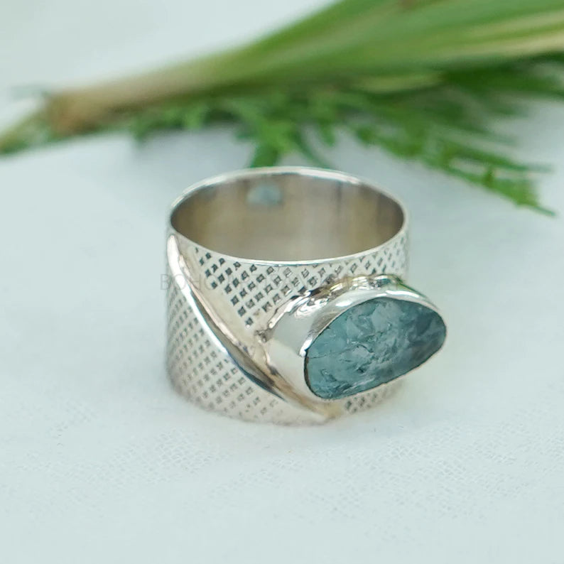 Raw Aquamarine Ring: Hammered Sterling Silver Textured Band