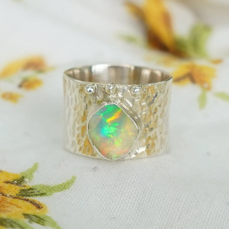 Raw Ethiopian Opal Ring: Sterling Silver Stacking Band, Boho Jewelry