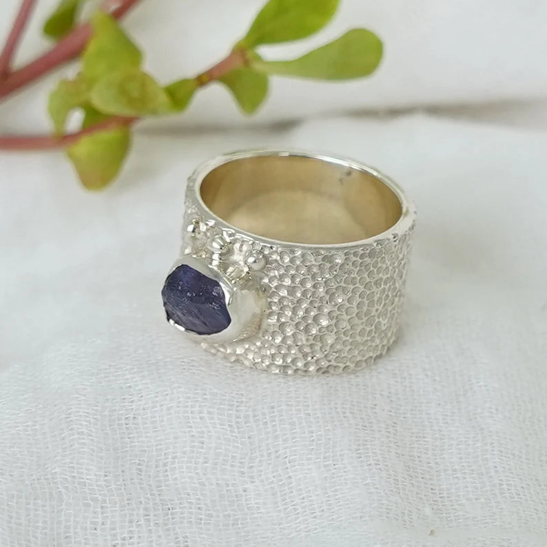 Handmade Raw Tanzanite Sterling Silver Textured Band Ring