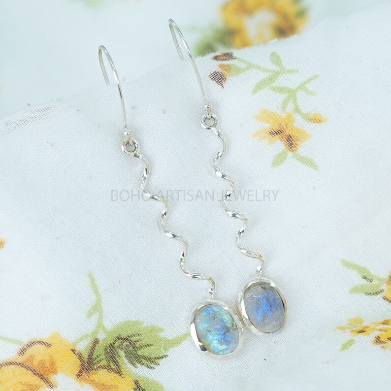 Raw Moonstone Dangle Earrings: Twisted Sterling Silver, July Birthstone