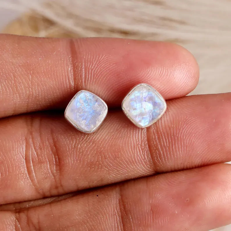 Raw Moonstone Stud Earrings: Handmade Sterling Silver Jewelry