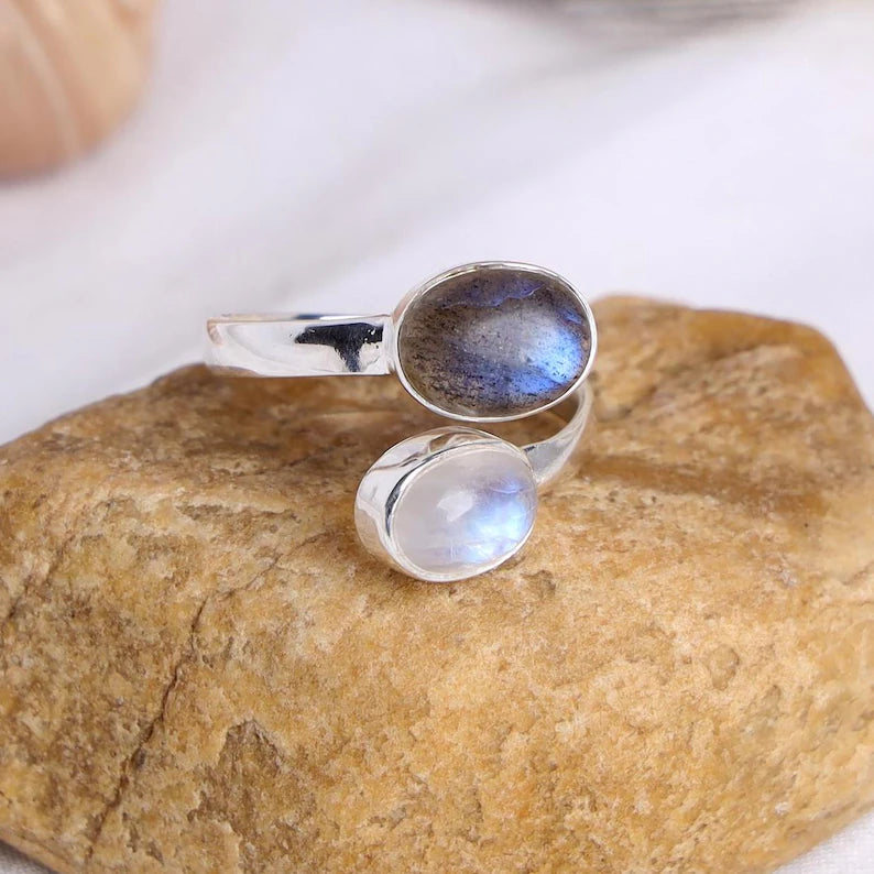 Toi et Moi Ring: Moonstone & Labradorite Sterling Silver Two Stone Ring