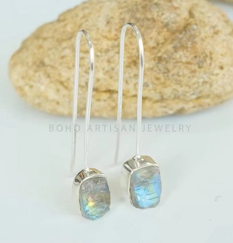 Raw Aquamarine Dangle Earrings: Sterling Silver Handmade Jewelry
