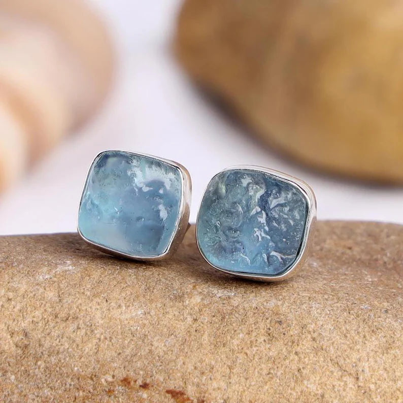 Raw Moonstone Stud Earrings: Sterling Silver, July Birthstone