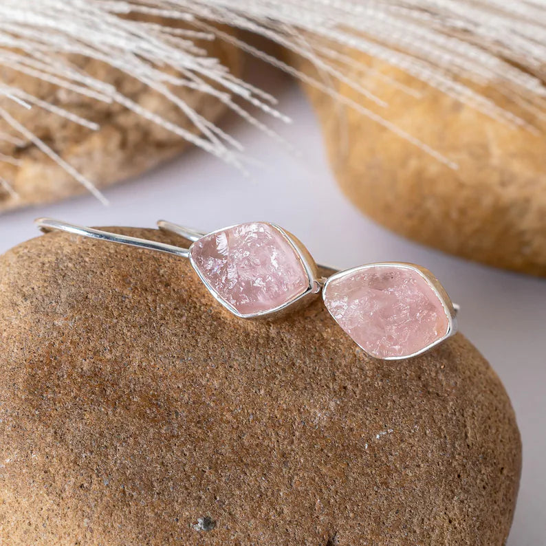 Raw Rose Quartz Earring, Dangle Earring, Silver Handmade Jewelry, Rough stone, 925 Sterling Silver, Pink Gemstone Earrings, Gift For Her