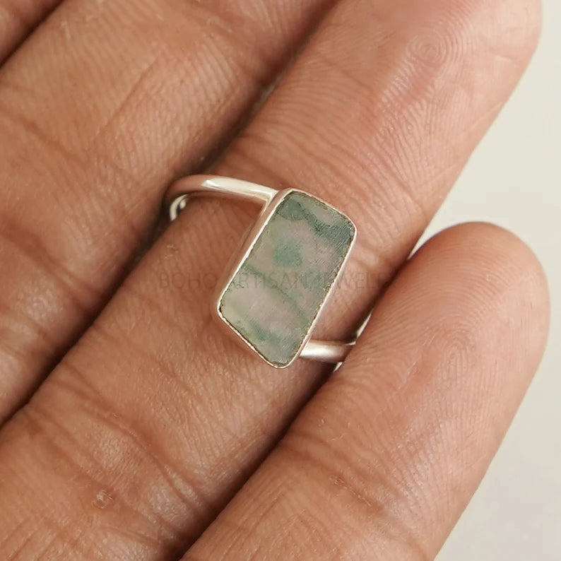 Handmade Moss Agate Ring: 925 Sterling Silver Twisted Band, Boho Jewelry