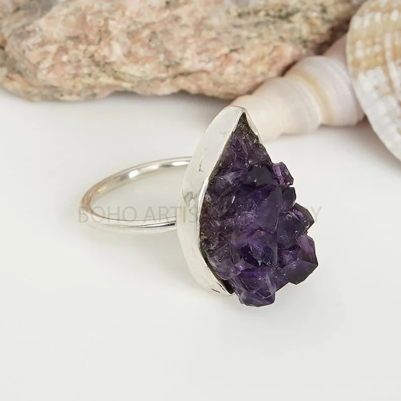 Raw Amethyst Geode Ring: Sterling Silver 925, Handmade Boho Jewelry