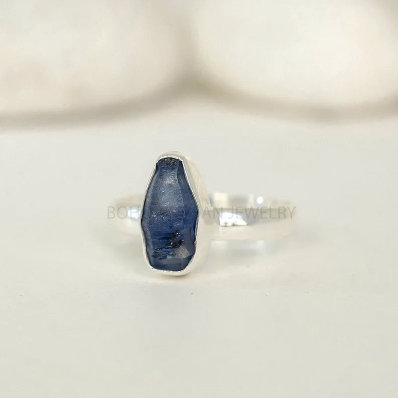 Raw Sapphire Sterling Silver Ring: Natural Crystal, September Birthstone