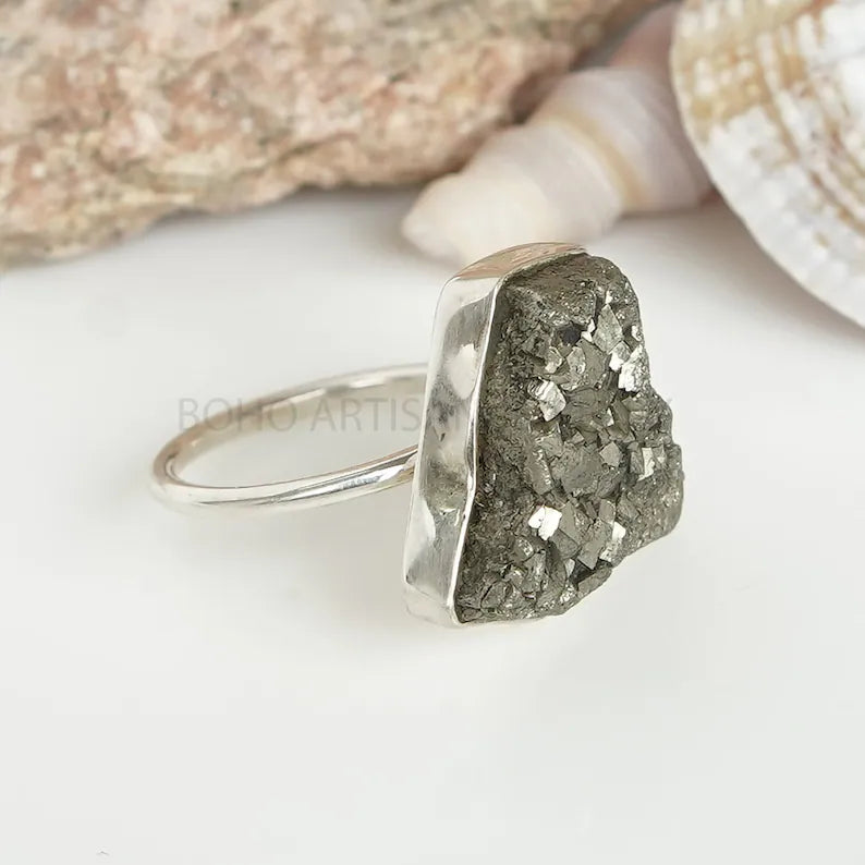 Raw Pyrite Druzy Ring: Sterling Silver Rough Stone Statement Jewelry