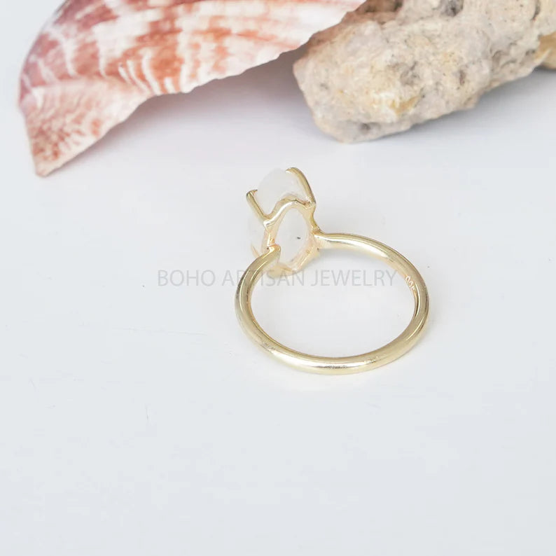 Raw Moonstone Gold Ring, 14K Gold Plated Ring, Handmade Ring, Blue Fire Moonstone, Rough Stone Jewelry, July Birthstone, Gift For Women