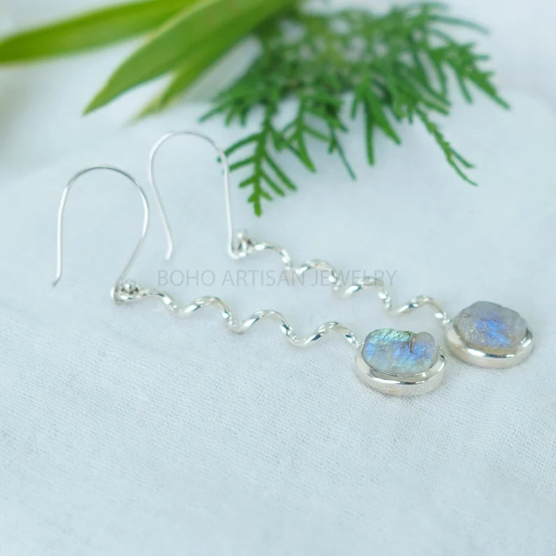 Raw Moonstone Dangle Earrings: Twisted Sterling Silver, July Birthstone