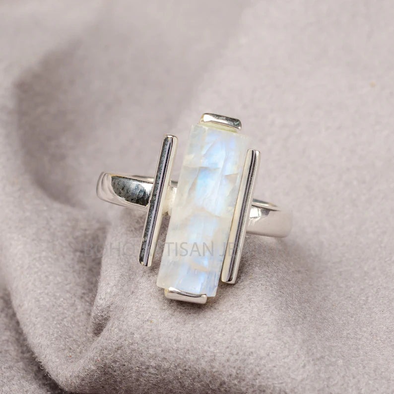 Raw Moonstone Bar Ring • Handmade Silver Jewelry • Raw Crystal Ring • Dainty Gemstone Ring • Blue Fire Moonstone • Statement Ring • Gift