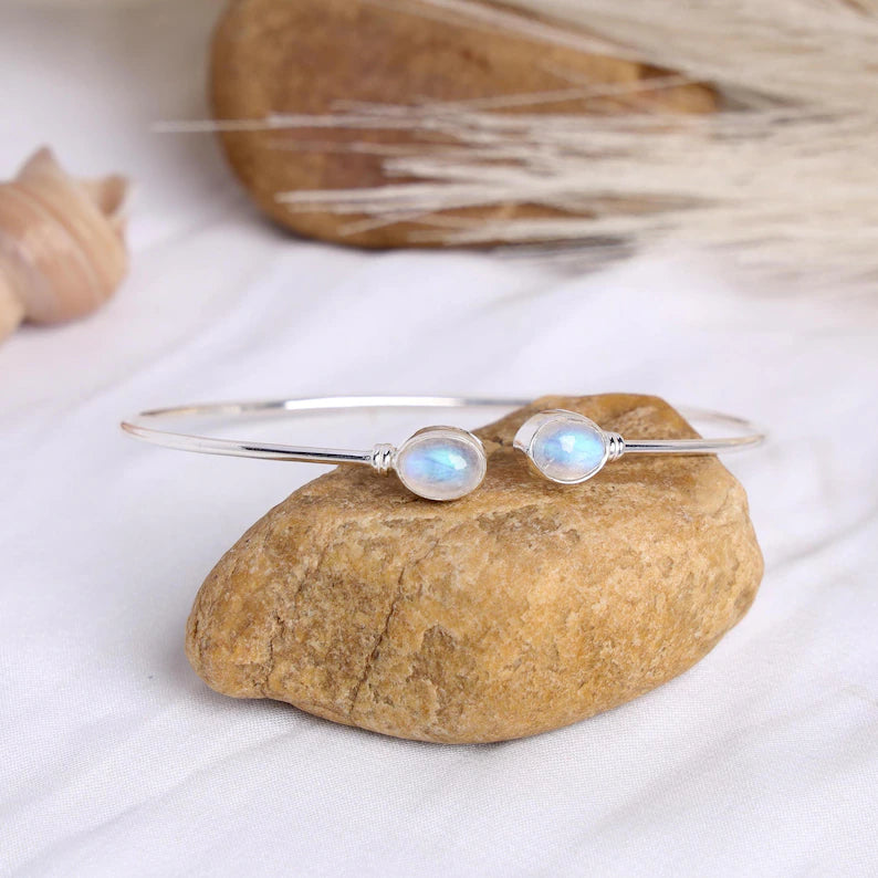 Moonstone Cuff Bracelet, Rainbow Moonstone Bangle Bracelet, Handmade Silver Jewelry, Adjustable Bracelet, June Birthstone, Christmas Gift