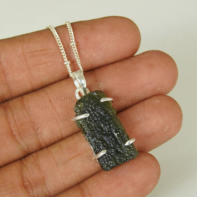 Raw Moldavite Pendant: Sterling Silver Green Gemstone Jewelry