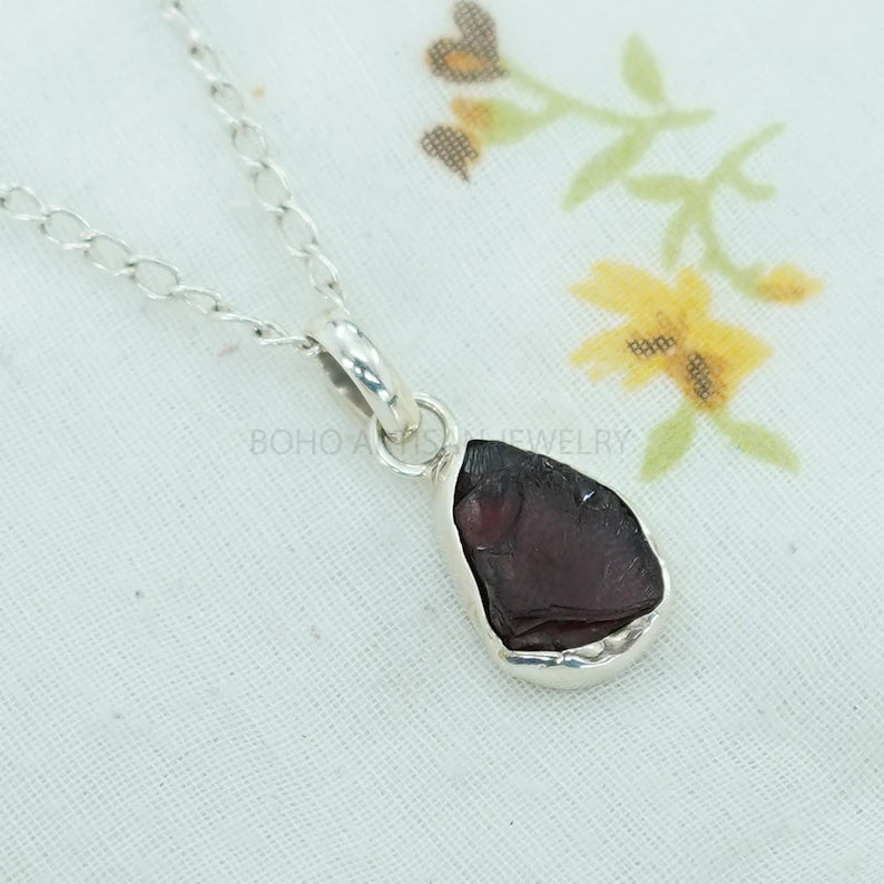 Raw Garnet Pendant Necklace, 925 Sterling Silver, Handmade Crystal Jewelry, Rough Stone, January Birthstone, Healing Necklace, Gift for Her