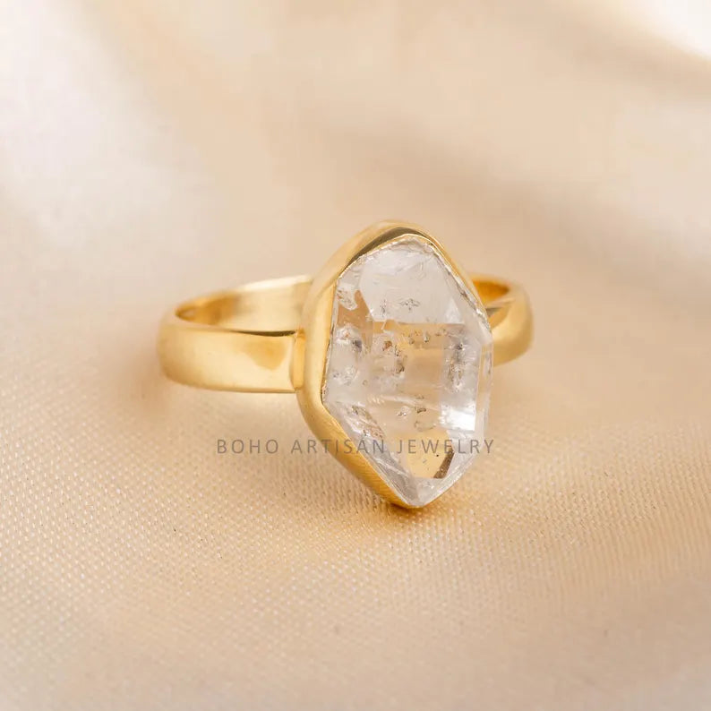 14k Gold Plated Herkimer Diamond Ring – Handmade Crystal Jewelry, April Birthstone Engagement Gift