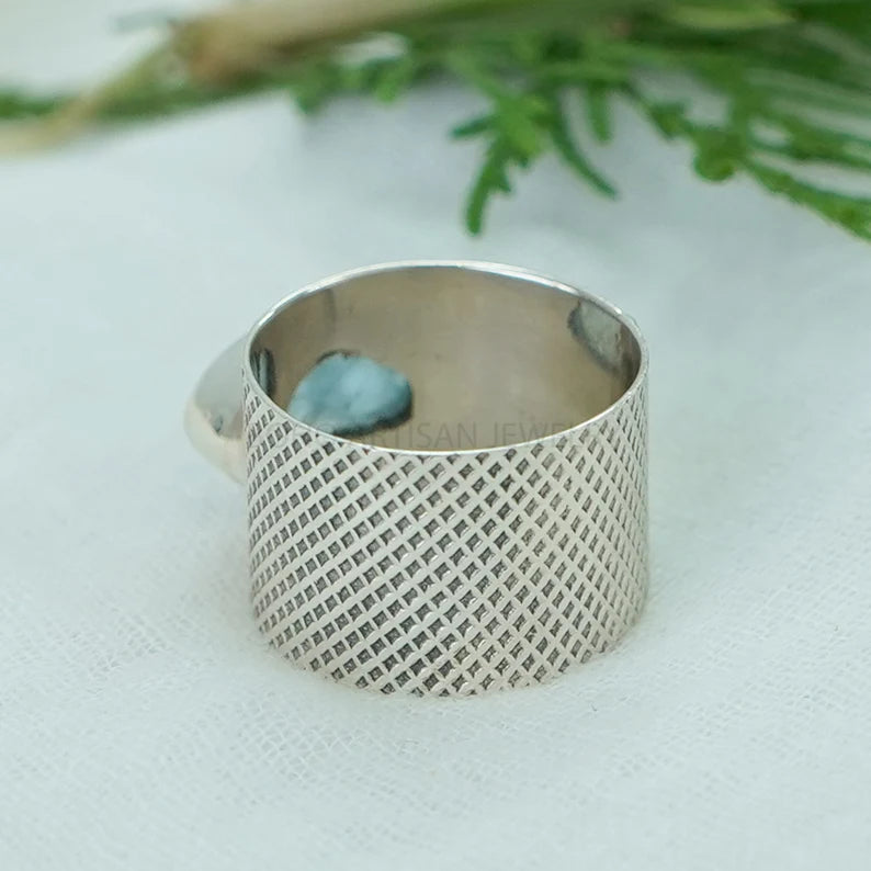 Raw Aquamarine Ring: Hammered Sterling Silver Textured Band