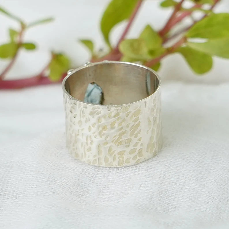 Raw Aquamarine Ring: Hammered Sterling Silver Textured Band