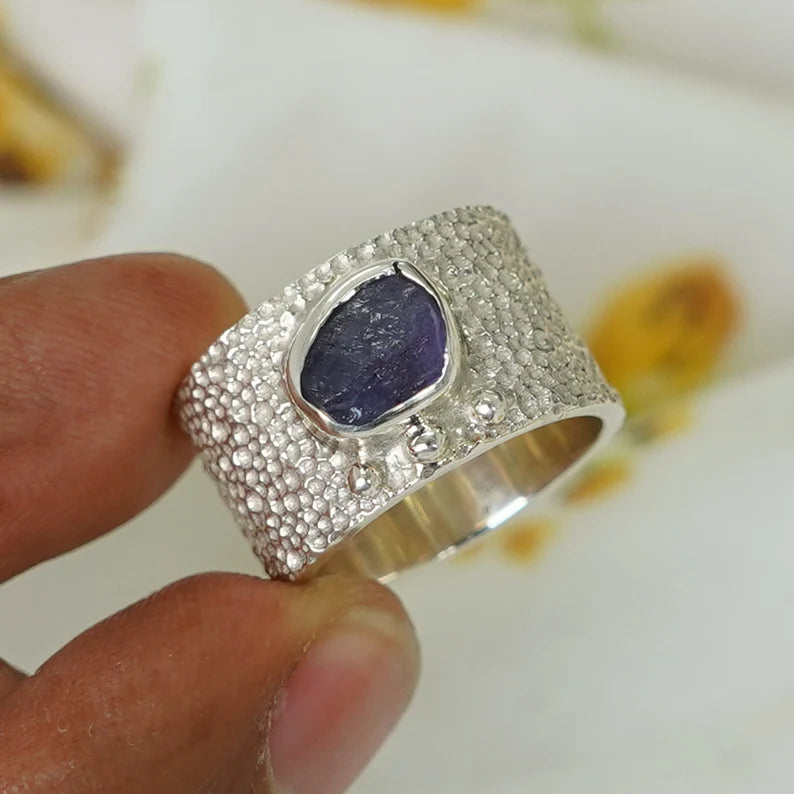 Handmade Raw Tanzanite Sterling Silver Textured Band Ring
