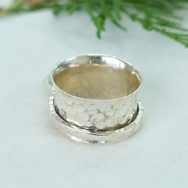 Raw Aquamarine Spinner Ring: Hammered Sterling Silver Band, Boho Crystal